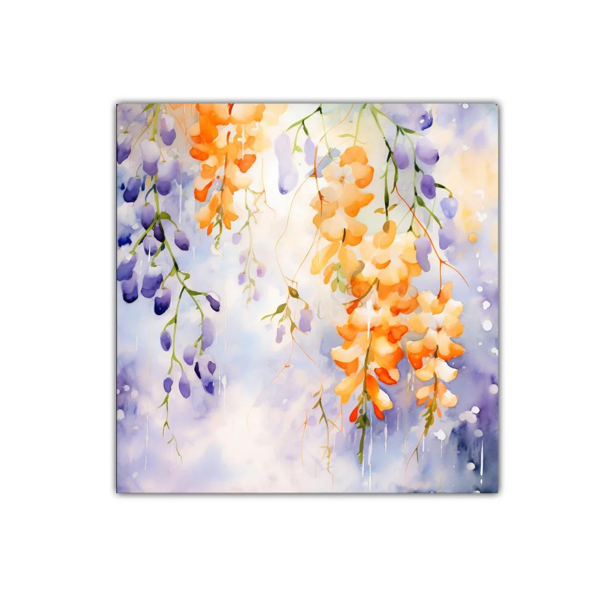 Cuadro decorativo con flores colgantes en tonos cálidos y violetas — imagen principal