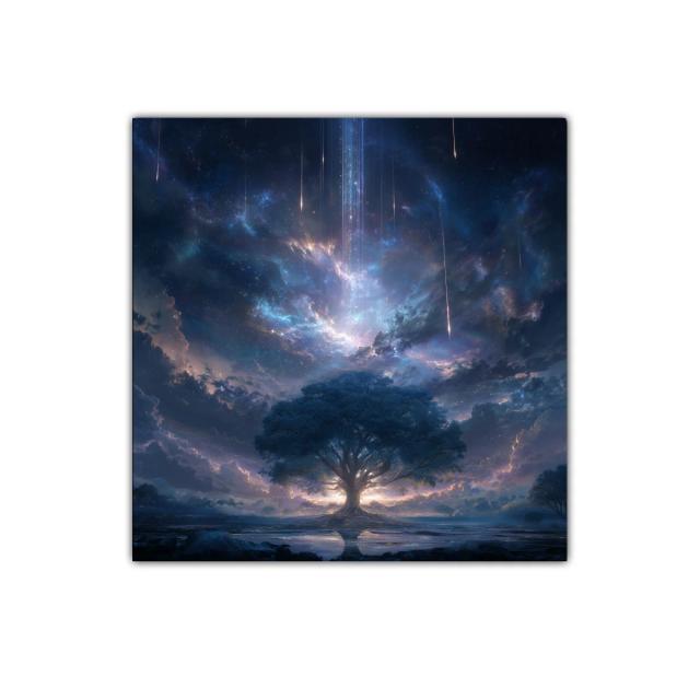 Árbol místico bajo un cielo estrellado con meteoros