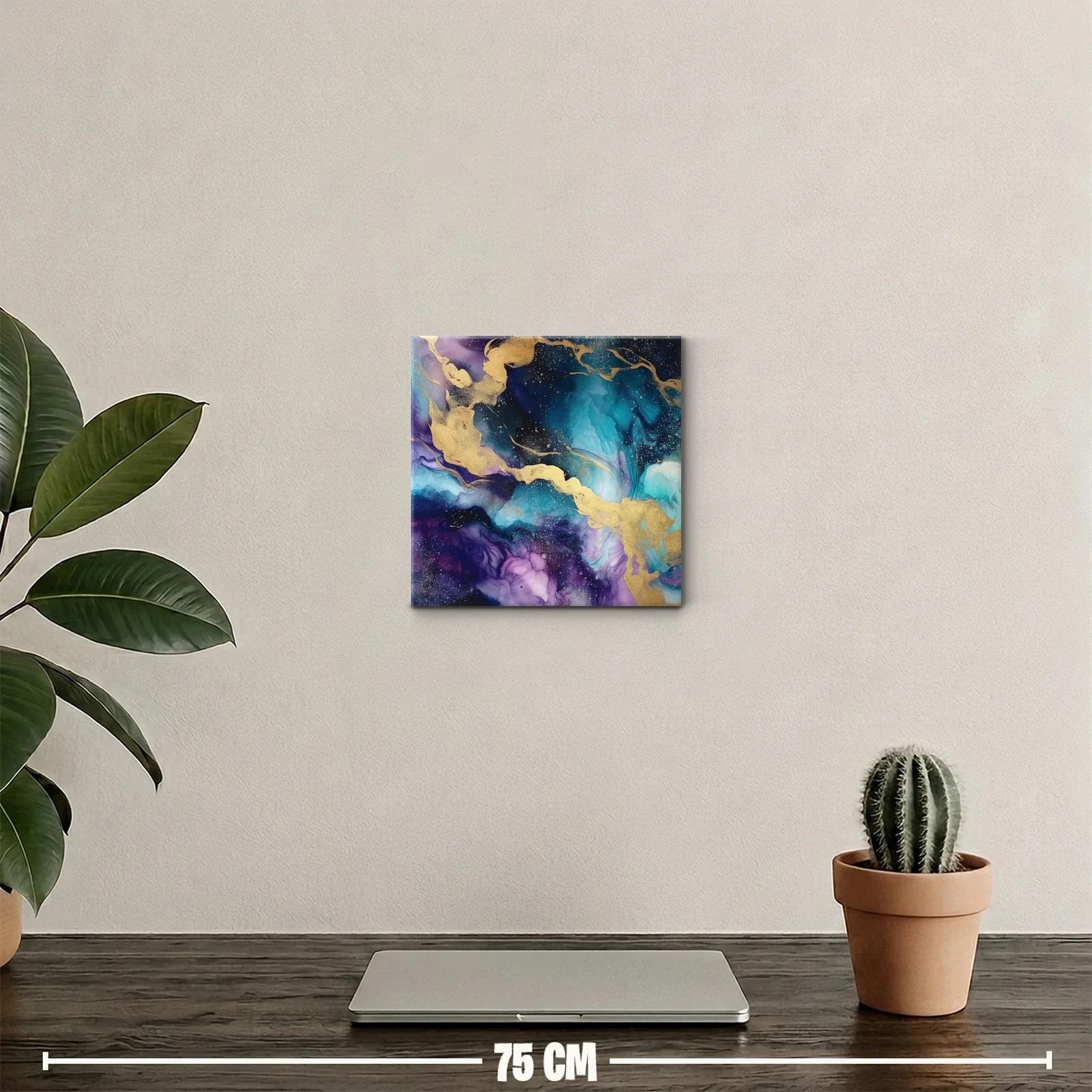 Cuadro abstracto con tonos azulados y dorados vibrantes — miniatura 2