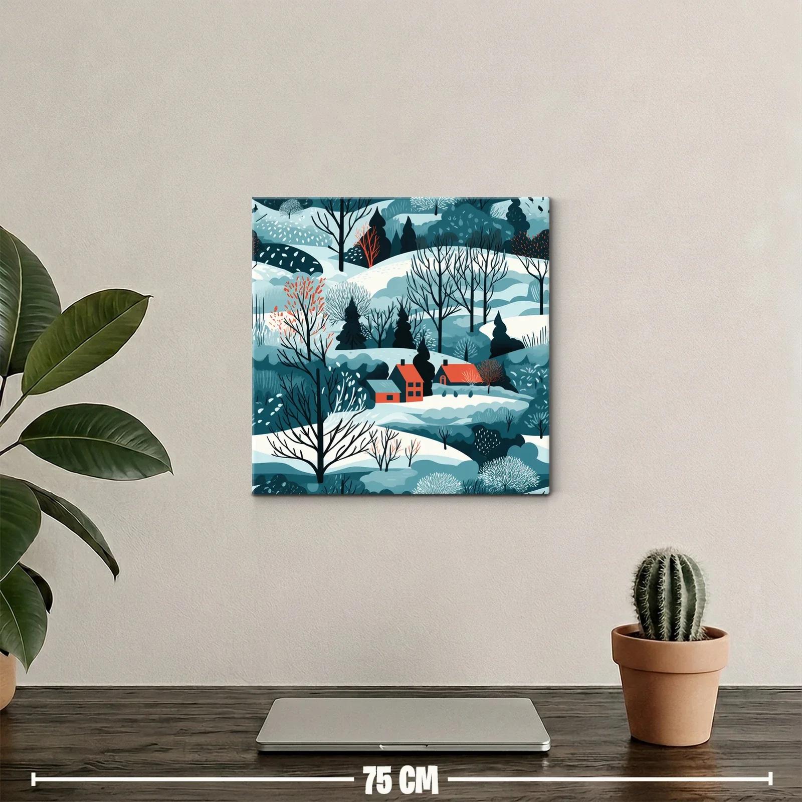 Paisaje invernal con casas y árboles desnudos en tonos fríos — miniatura 2