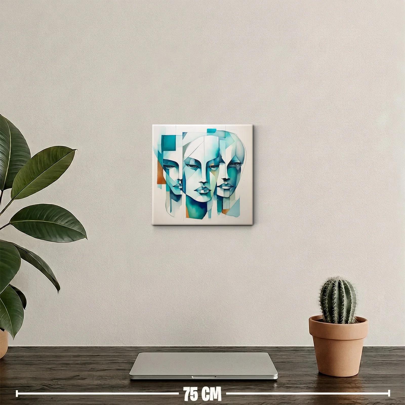 Tríptico abstracto de rostros en tonos azules y turquesa — miniatura 2