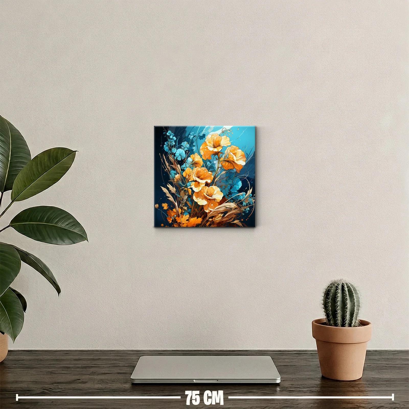 Cuadro con flores vibrantes en tonos naranjas y azules — miniatura 2