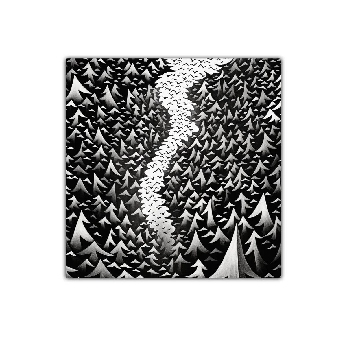 Bosque en blanco y negro con cielo lleno de aves — imagen principal