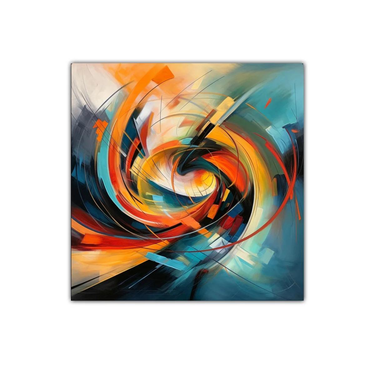 Cuadro abstracto con remolino en tonos cálidos y fríos