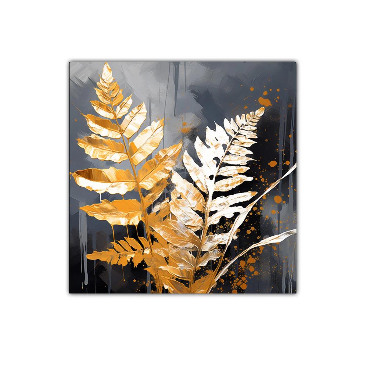 Cuadro decorativo hojas doradas sobre fondo gris oscuro — imagen principal