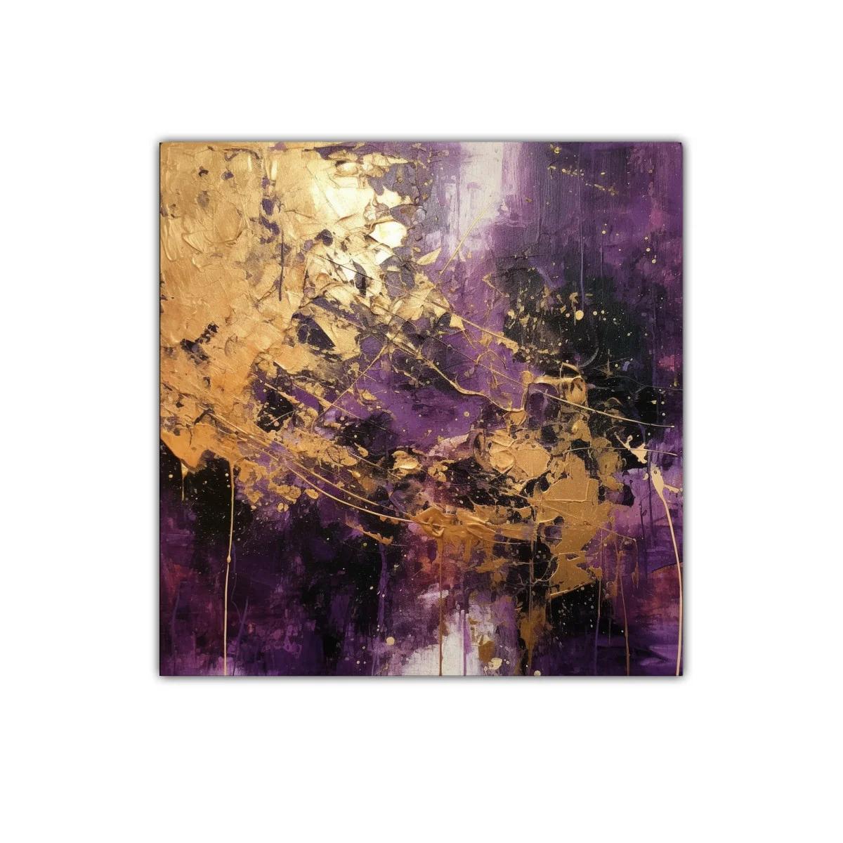 Cuadro abstracto con detalles dorados y tonos violetas intensos