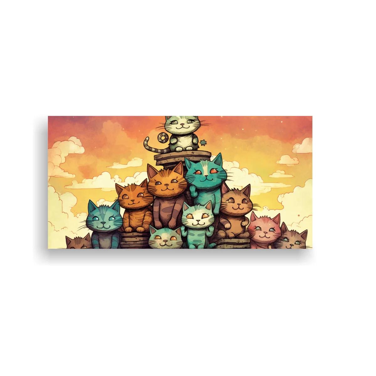 Cuadro grupo de gatos sentados sobre tablas de madera