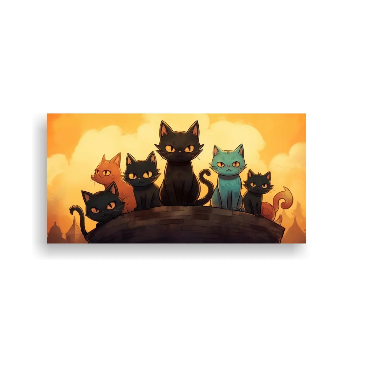 Cuadro grupo de gatos con cielo luminoso y tejados al fondo
