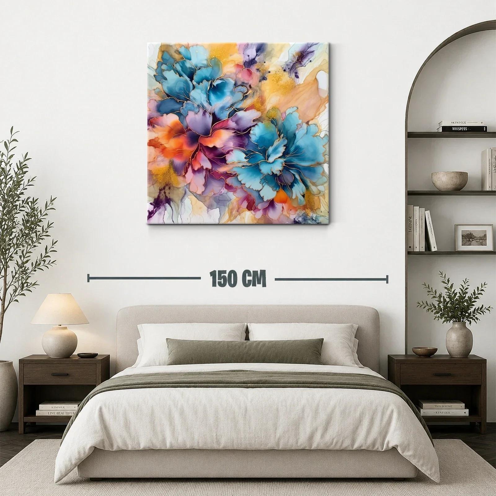 Cuadro floral vibrante con tonos azul y naranja intensos — miniatura 3