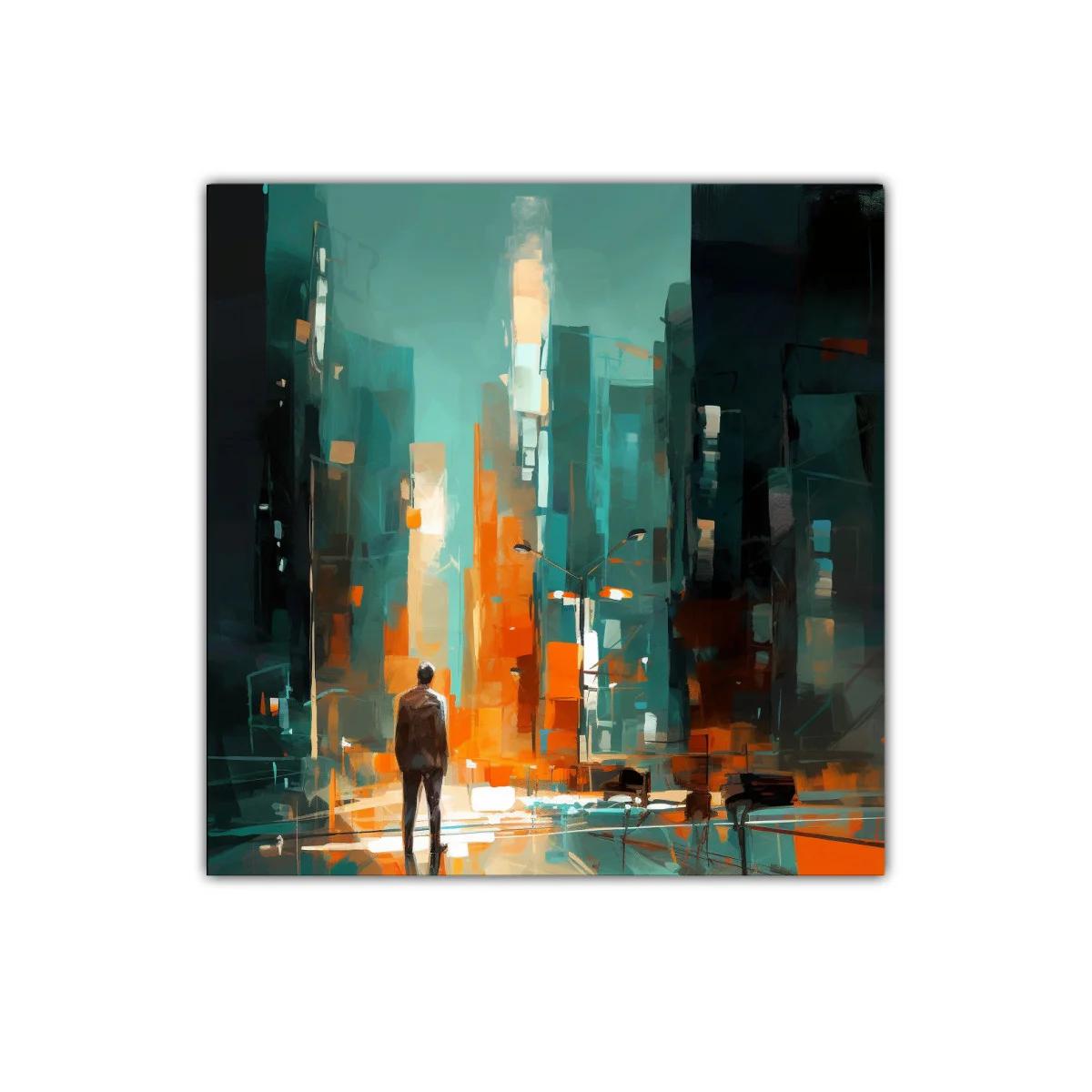 Figura entre luces en ciudad abstracta vibrante