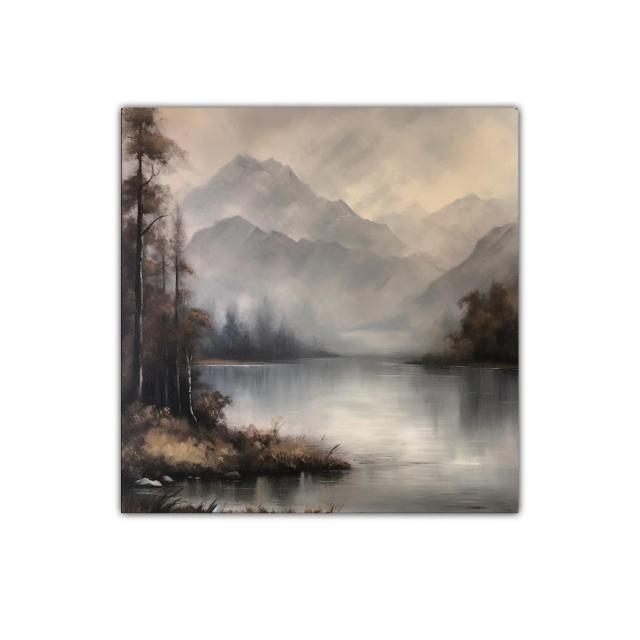 Cuadro de paisaje sereno con lago y montañas brumosas