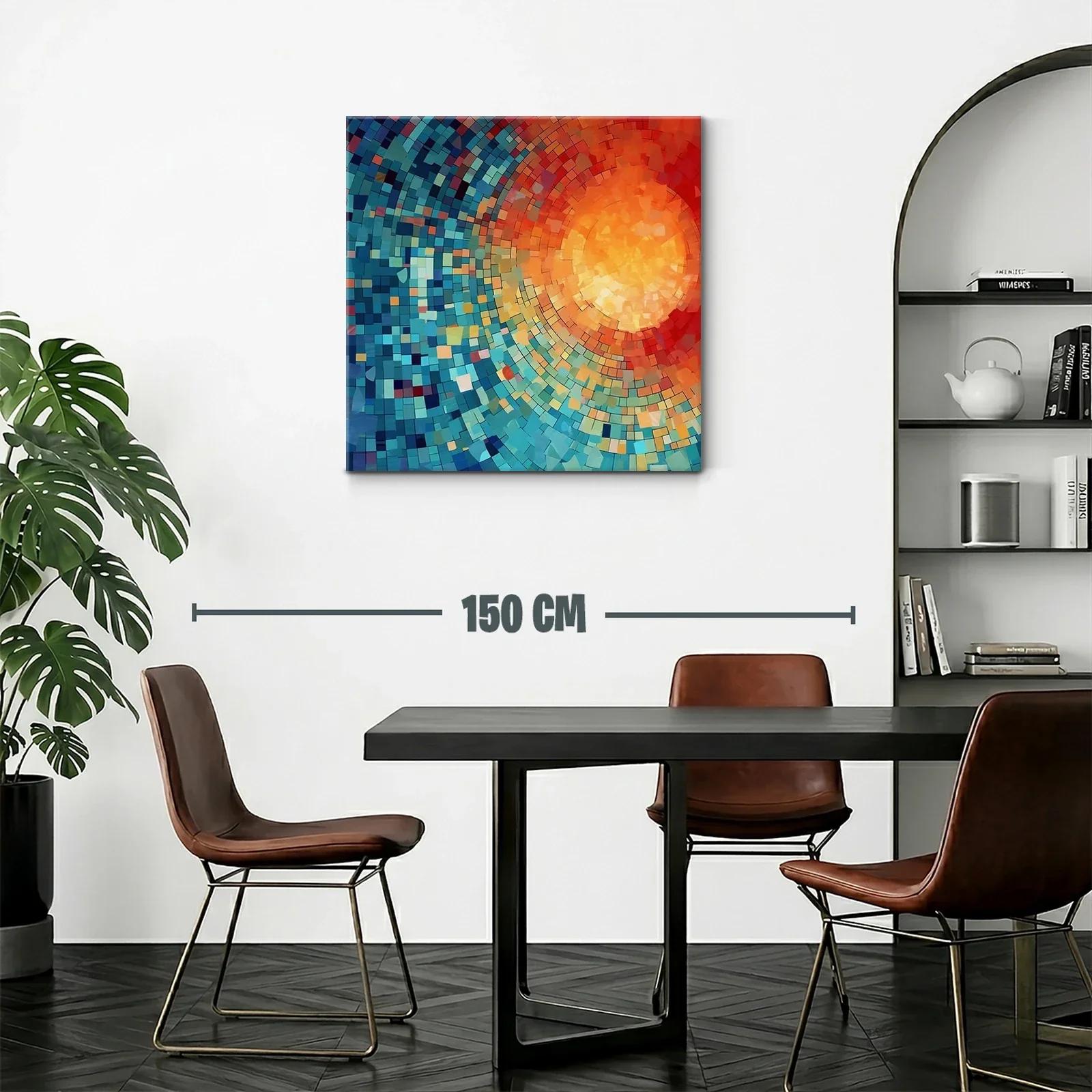 Cuadro abstracto con patrones circulares en tonos cálidos y fríos — miniatura 2