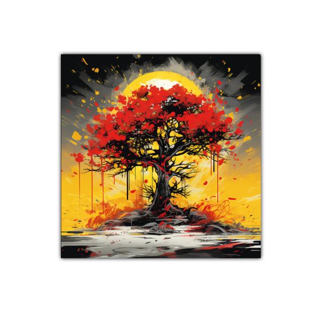 Árbol rojo vibrante con fondo amarillo intenso