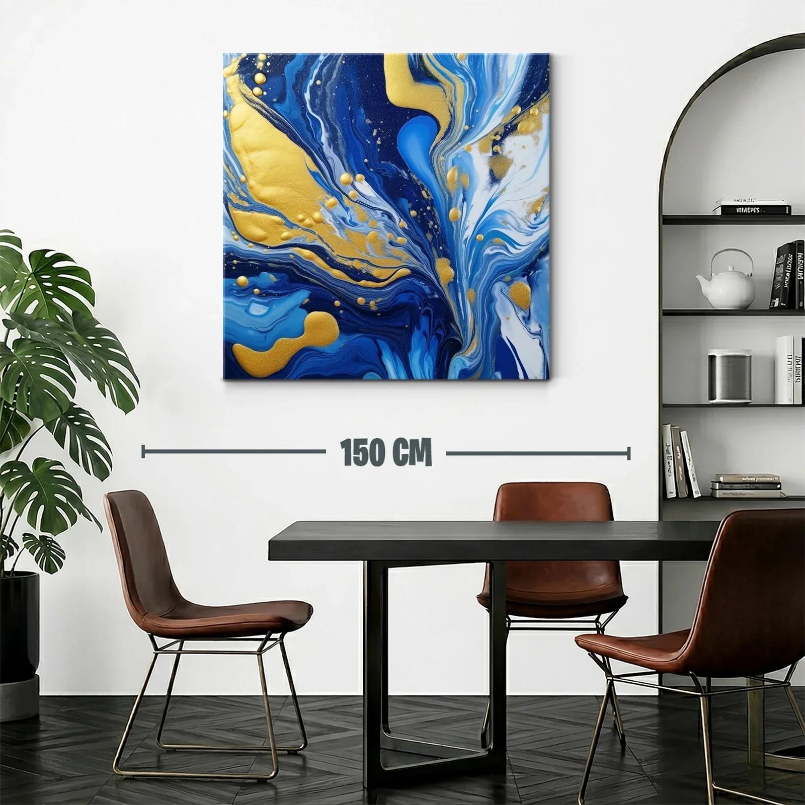Cuadro abstracto en tonos azules con detalles dorados brillantes — miniatura 2