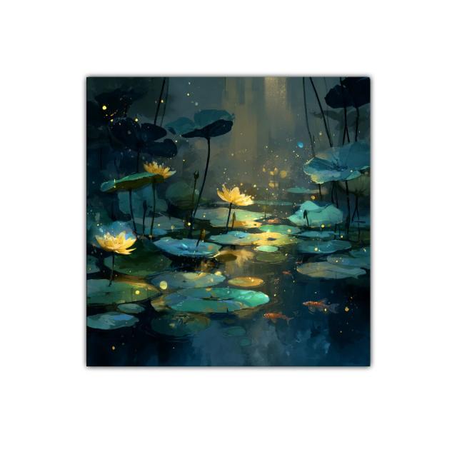 Estanque iluminado con flores y peces en tonos azules