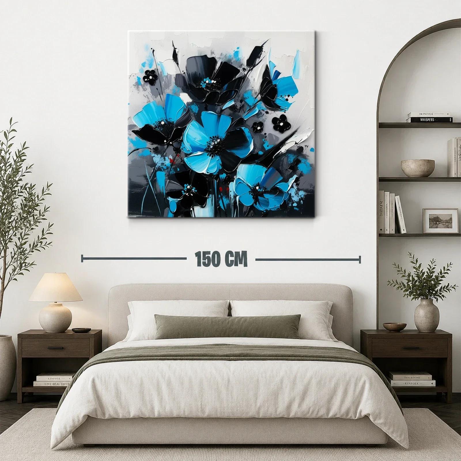 Cuadro floral moderno en tonos azul y negro vibrante — miniatura 3