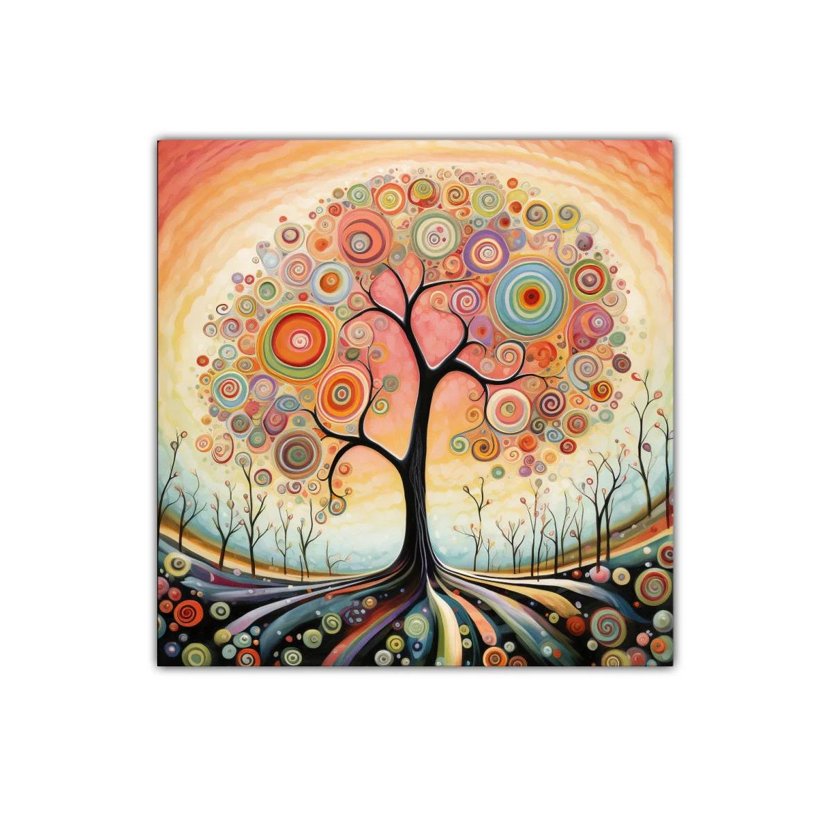 Árbol colorido con formas circulares y raíces onduladas