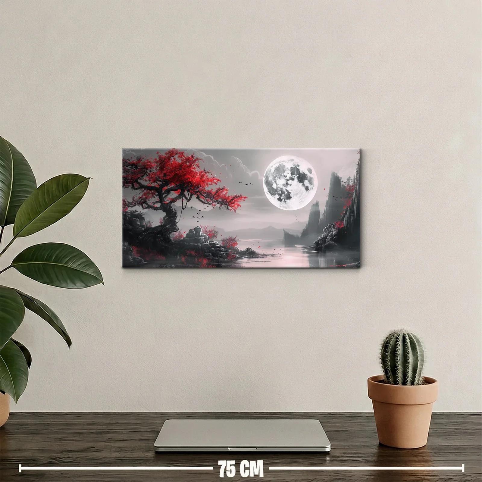 Cuadro árbol de flores rojas junto a un lago con luna grande — miniatura 2