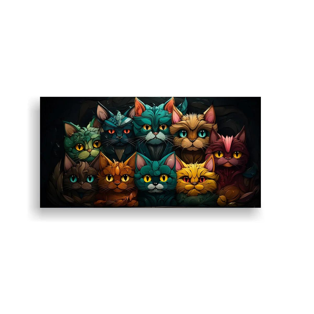 Cuadro grupo de gatos de colores sobre fondo oscuro