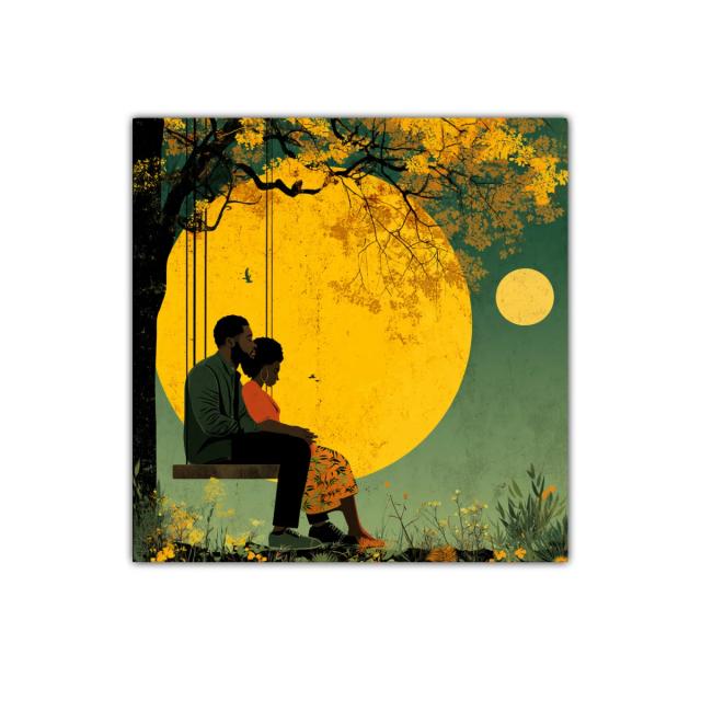 Cuadro romántico con pareja en columpio bajo luna llena