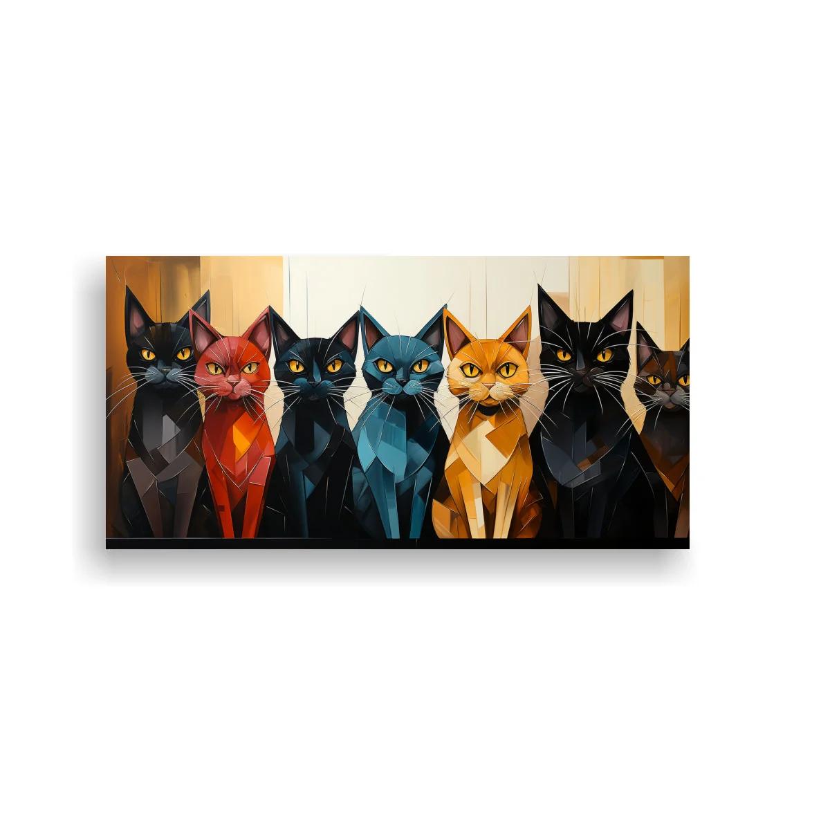 Cuadro grupo de gatos alineados con formas geométricas