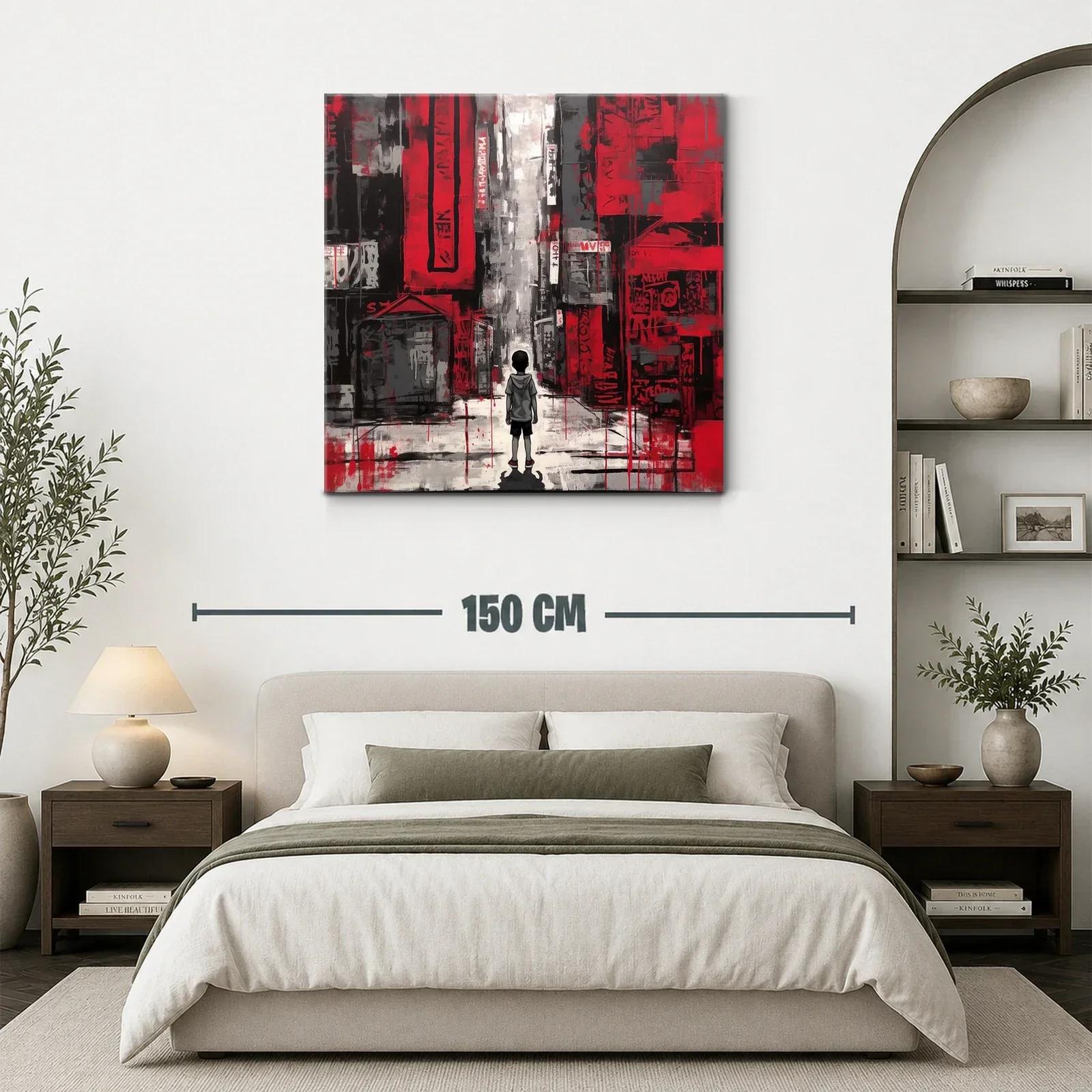 Escena urbana con niño en tonos rojos y grises vibrantes — miniatura 3