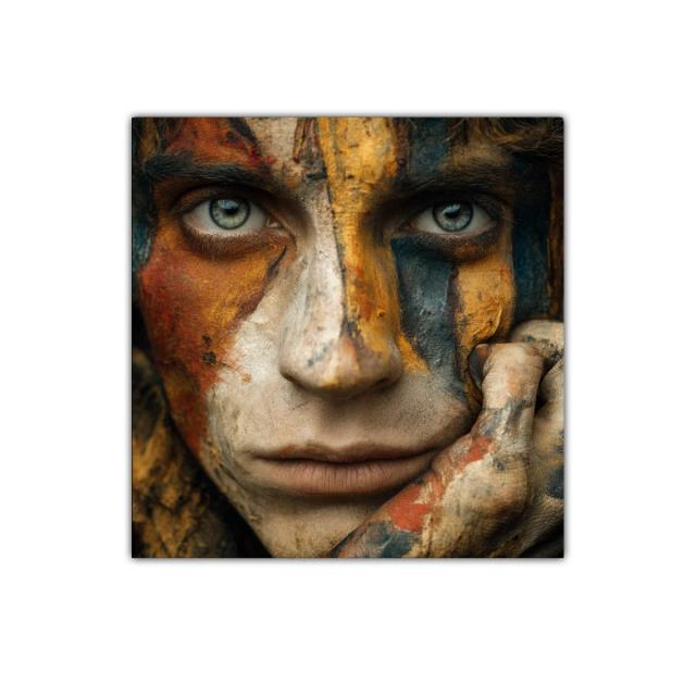 Rostro con pintura tribal en tonos tierra y azules profundos