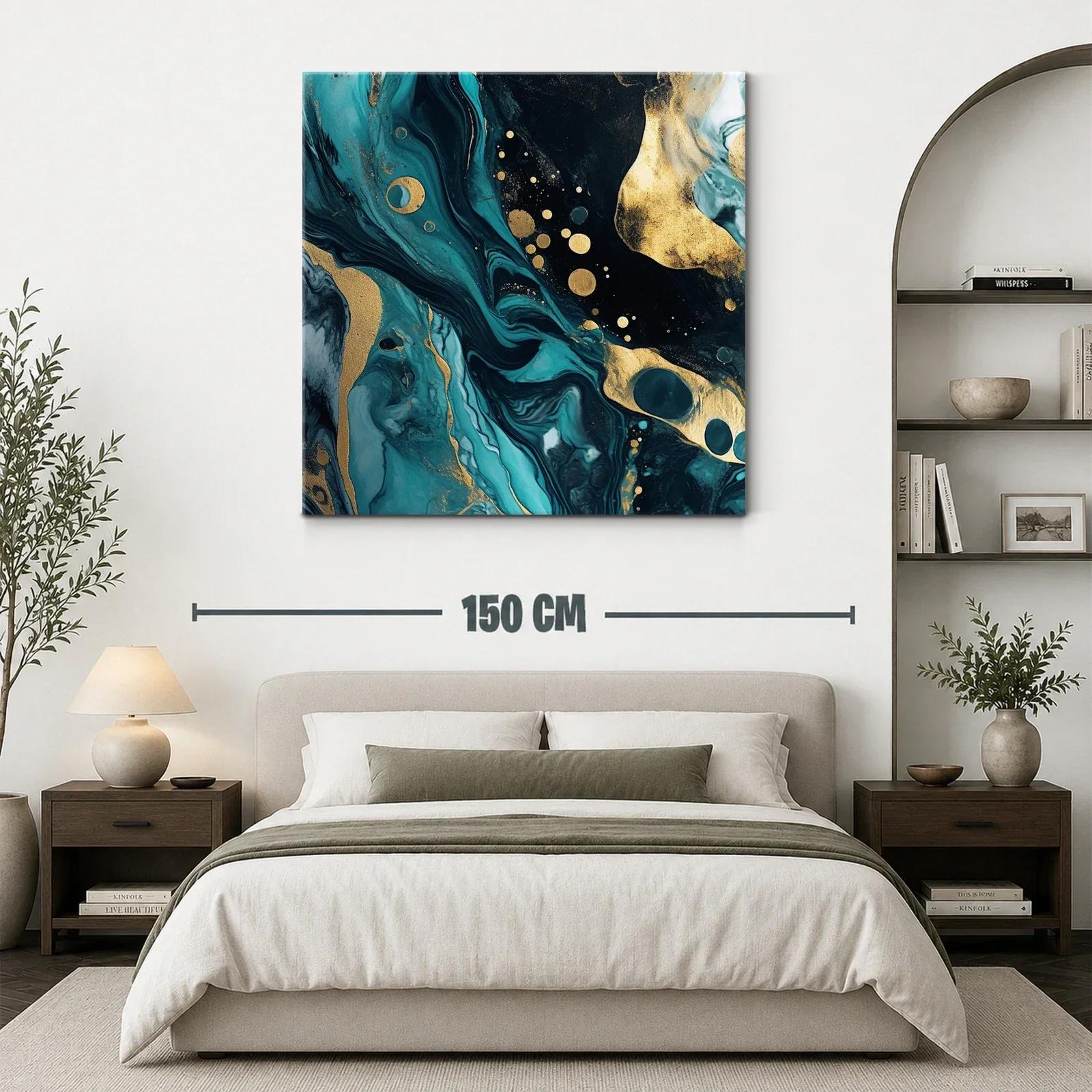 Cuadro abstracto con tonos turquesa y dorado vibrante — miniatura 3