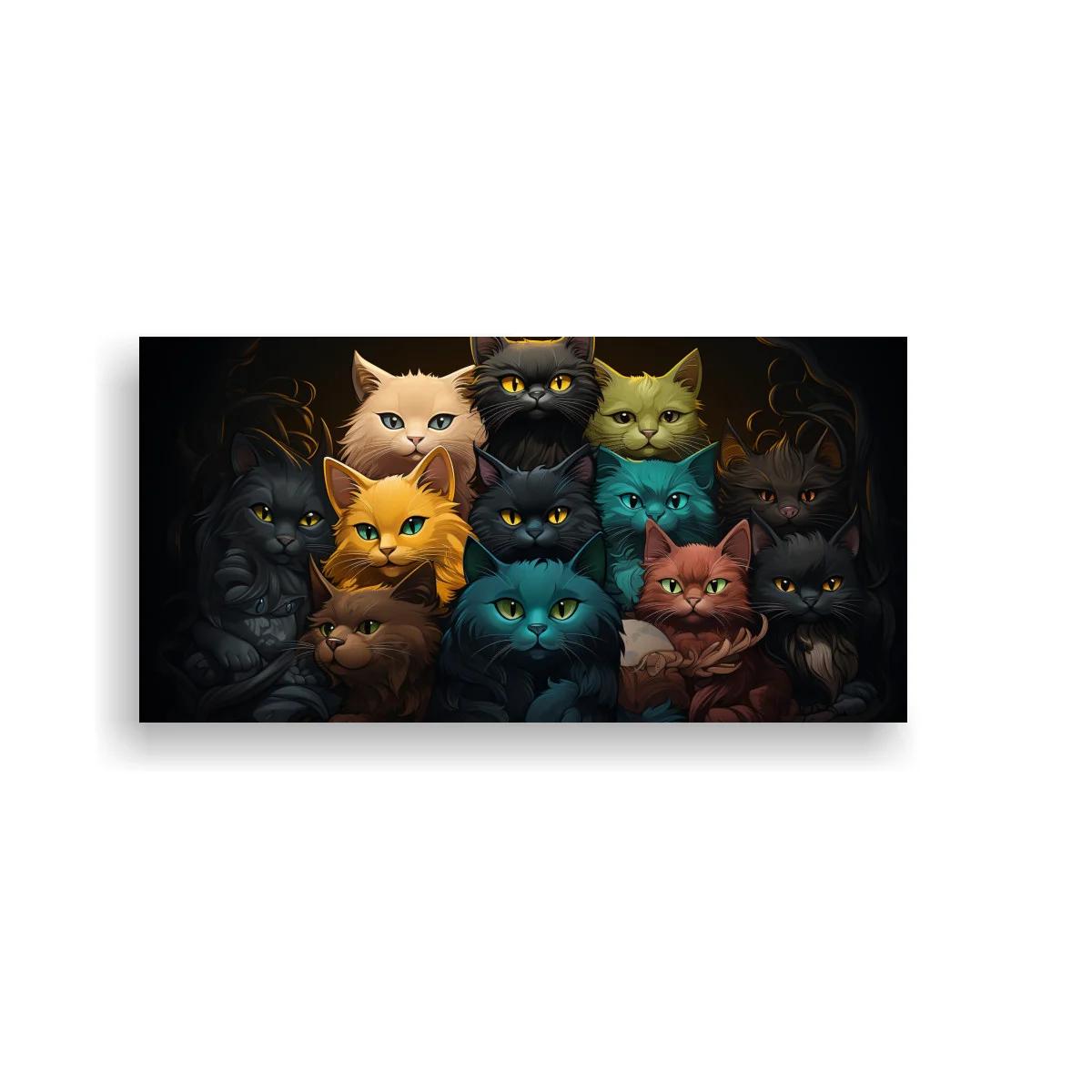 Cuadro grupo de gatos de colores en fondo oscuro
