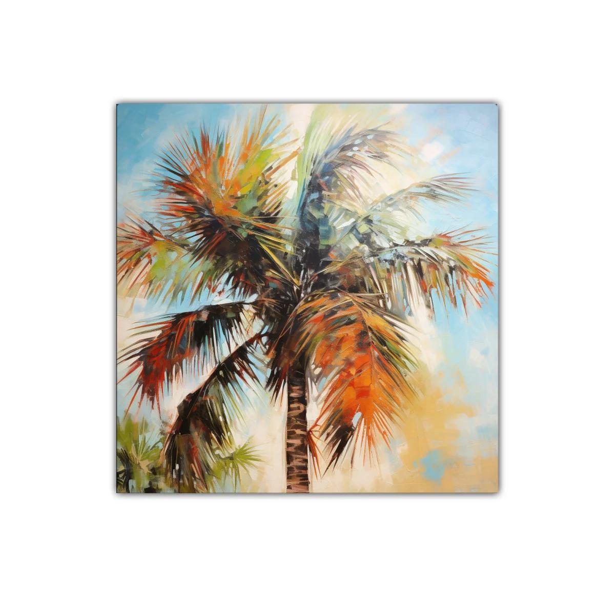 Palmera vibrante con tonos cálidos y cielo azul