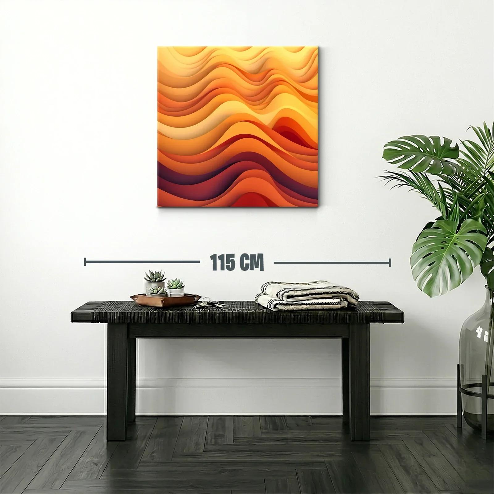 Cuadro abstracto con ondas cálidas en tonos naranjas y amarillos — miniatura 2