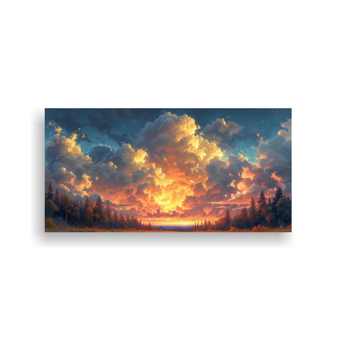 Cuadro atardecer entre nubes sobre un bosque enmarcado por árboles
