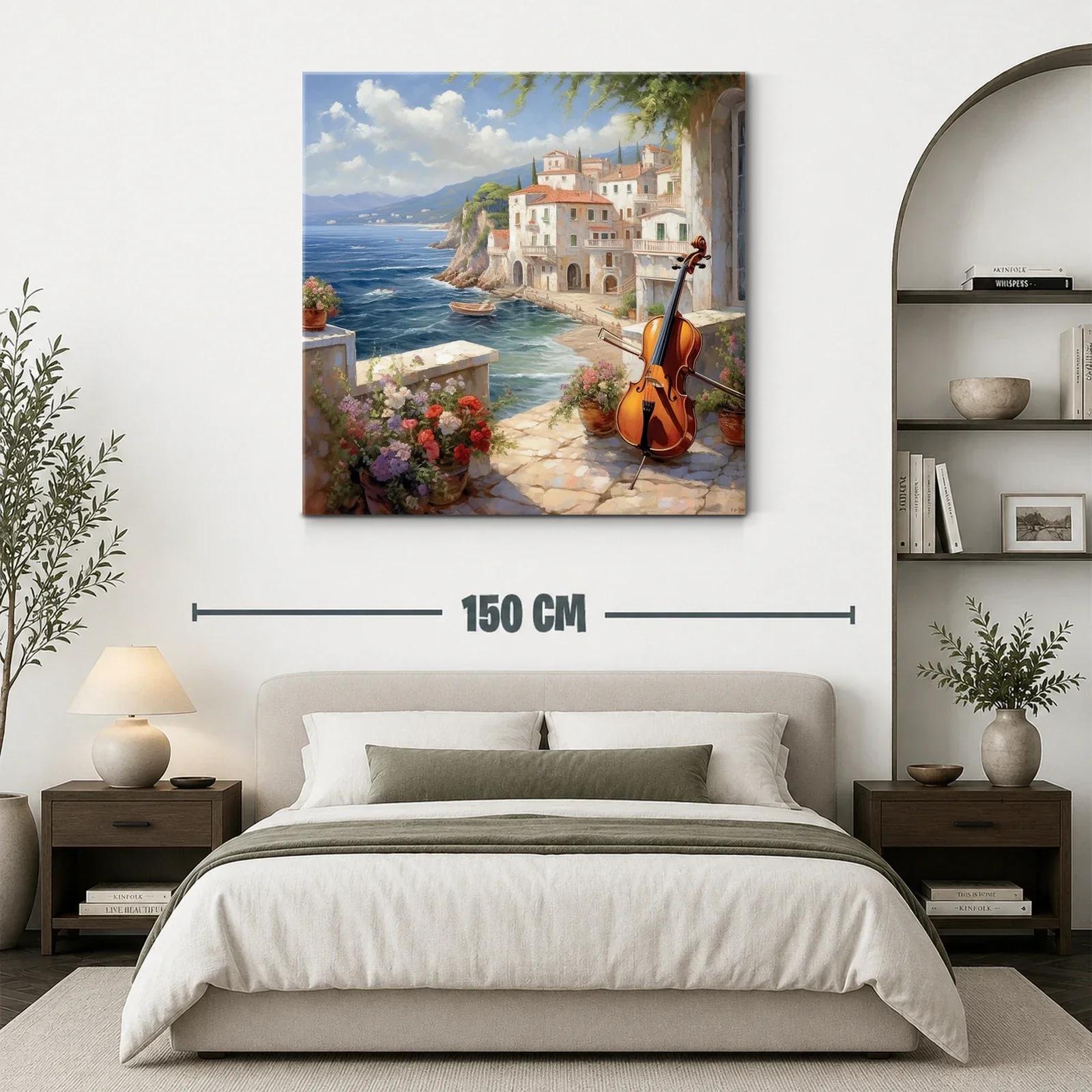 Paisaje costero con violonchelo y flores en primer plano — miniatura 3