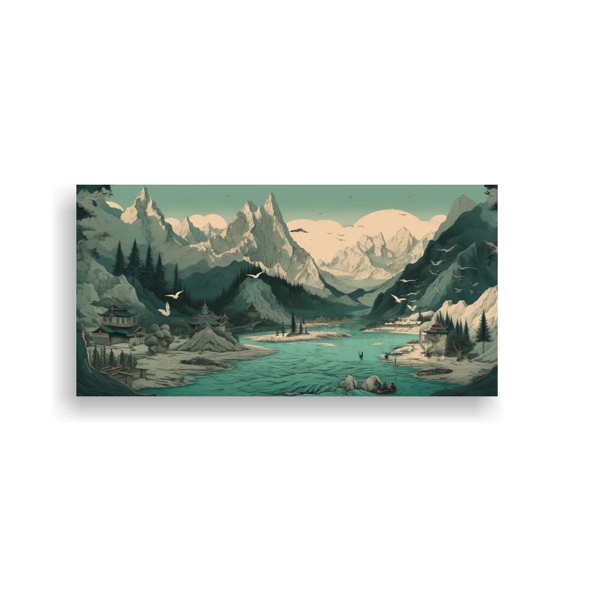 Cuadro paisaje de lago alpino con pequeño templo