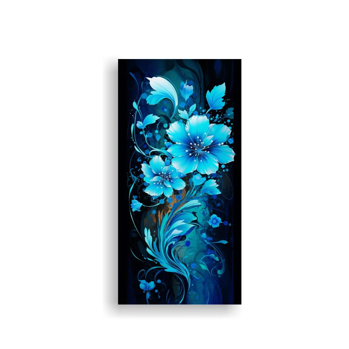 Cuadro flores azules con destellos sobre fondo oscuro