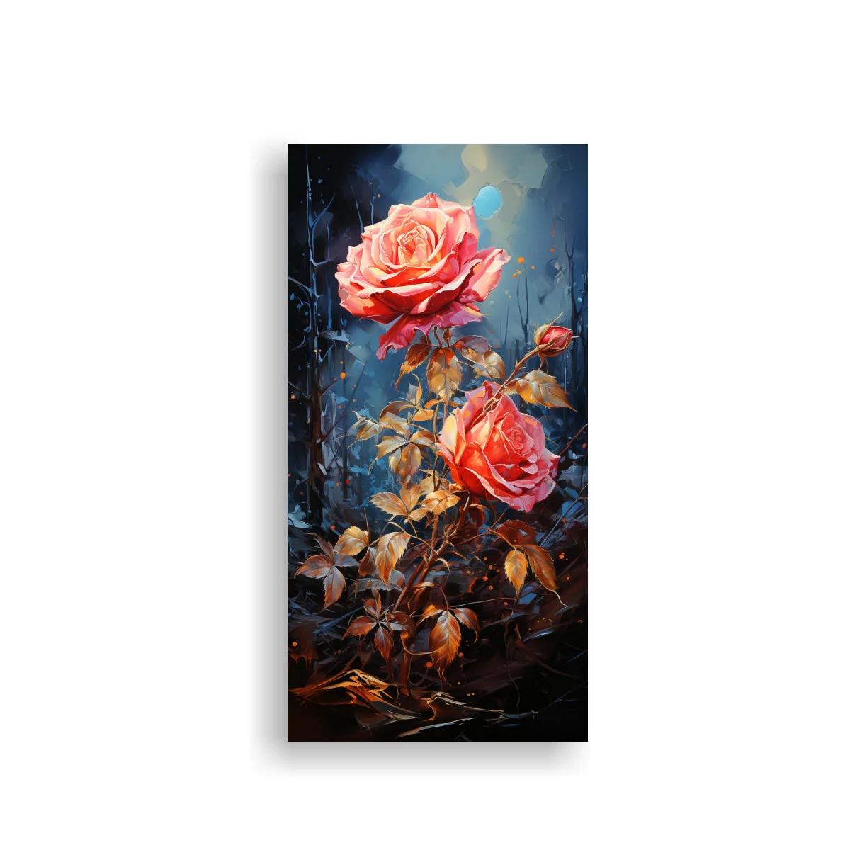 Cuadro rosas coral con capullo y tallos espinosos