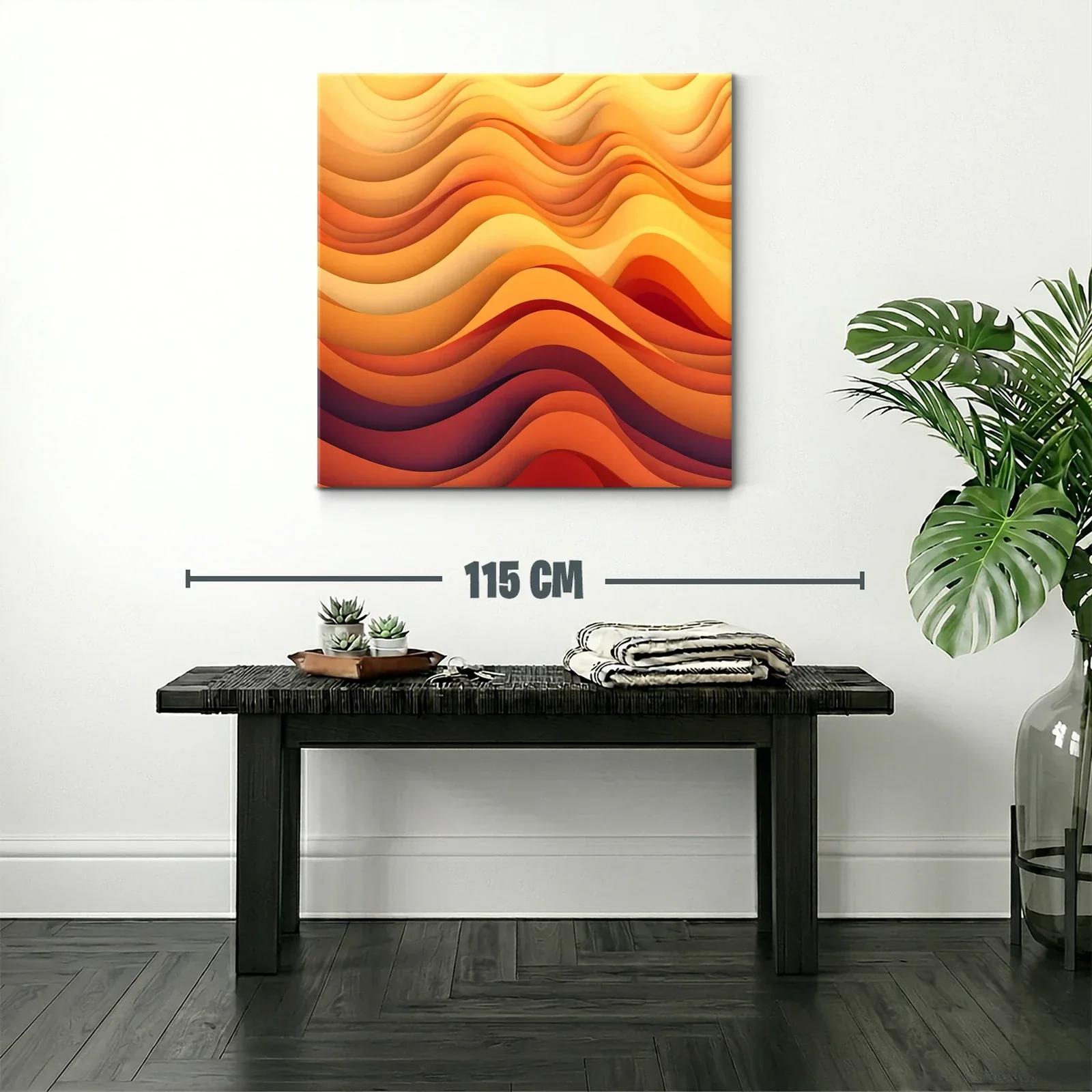 Cuadro abstracto con ondas cálidas en tonos naranjas y amarillos — miniatura 2