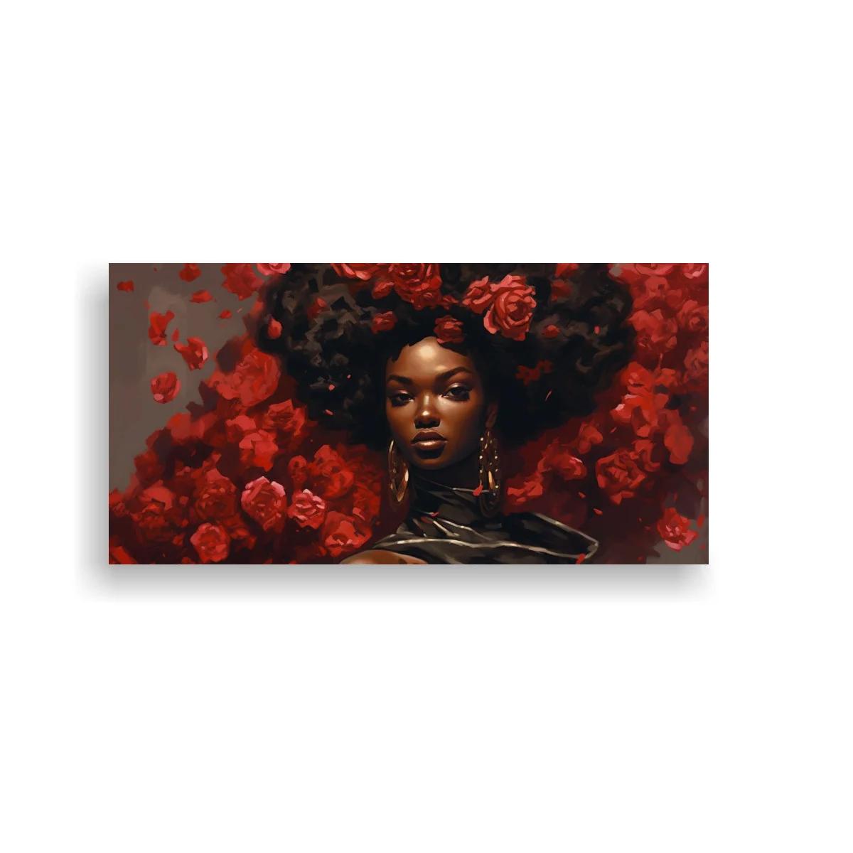 Cuadro mujer afro con flores rojas en el cabello