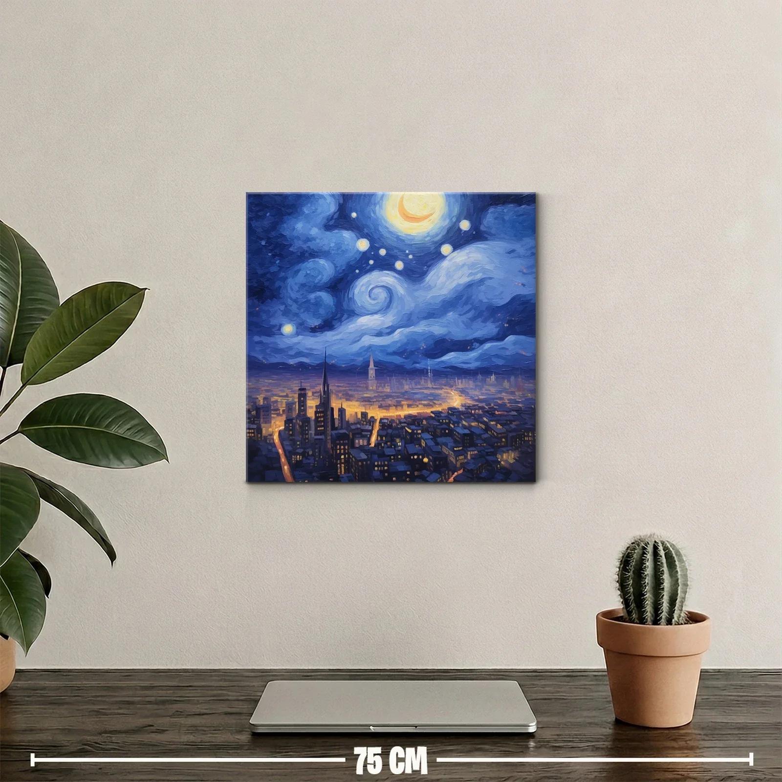 Ciudad nocturna iluminada bajo un cielo estrellado y luna creciente — miniatura 2
