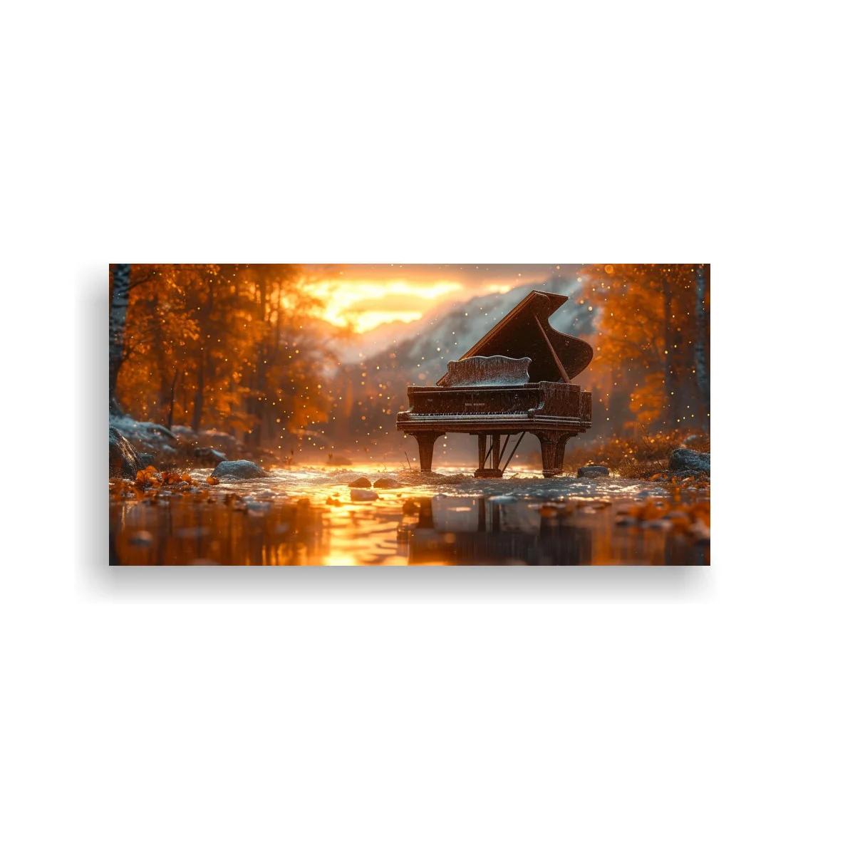 Cuadro piano de cola rodeado de árboles y reflejos cálidos