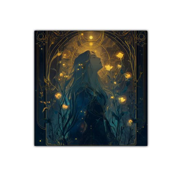 Retrato femenino místico con luz dorada entre flores