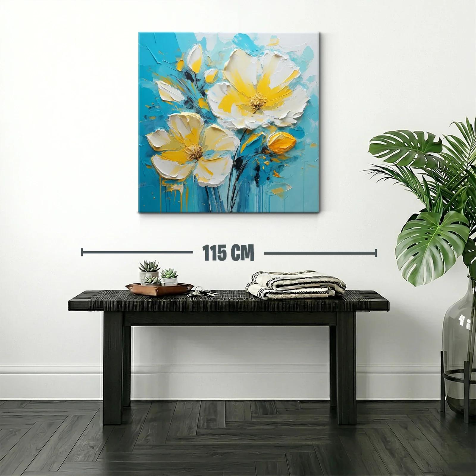 Cuadro floral en tonos amarillos y azul turquesa vibrante — miniatura 2
