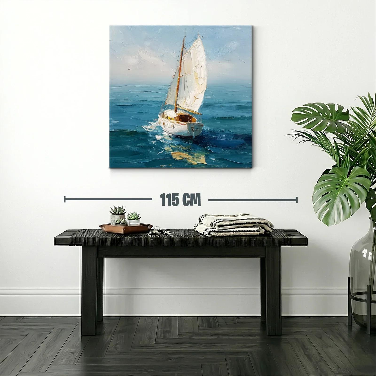 Vela blanca surcando el mar en tonos azules y celestes — miniatura 2