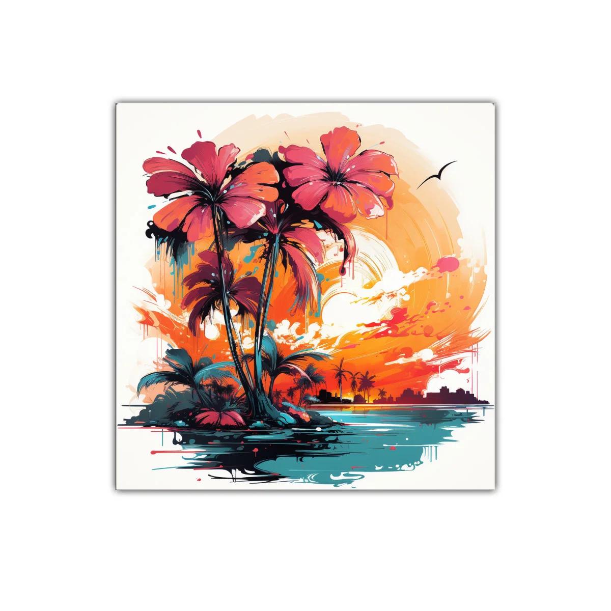 Atardecer tropical con palmeras vibrantes y horizonte urbano — miniatura 1