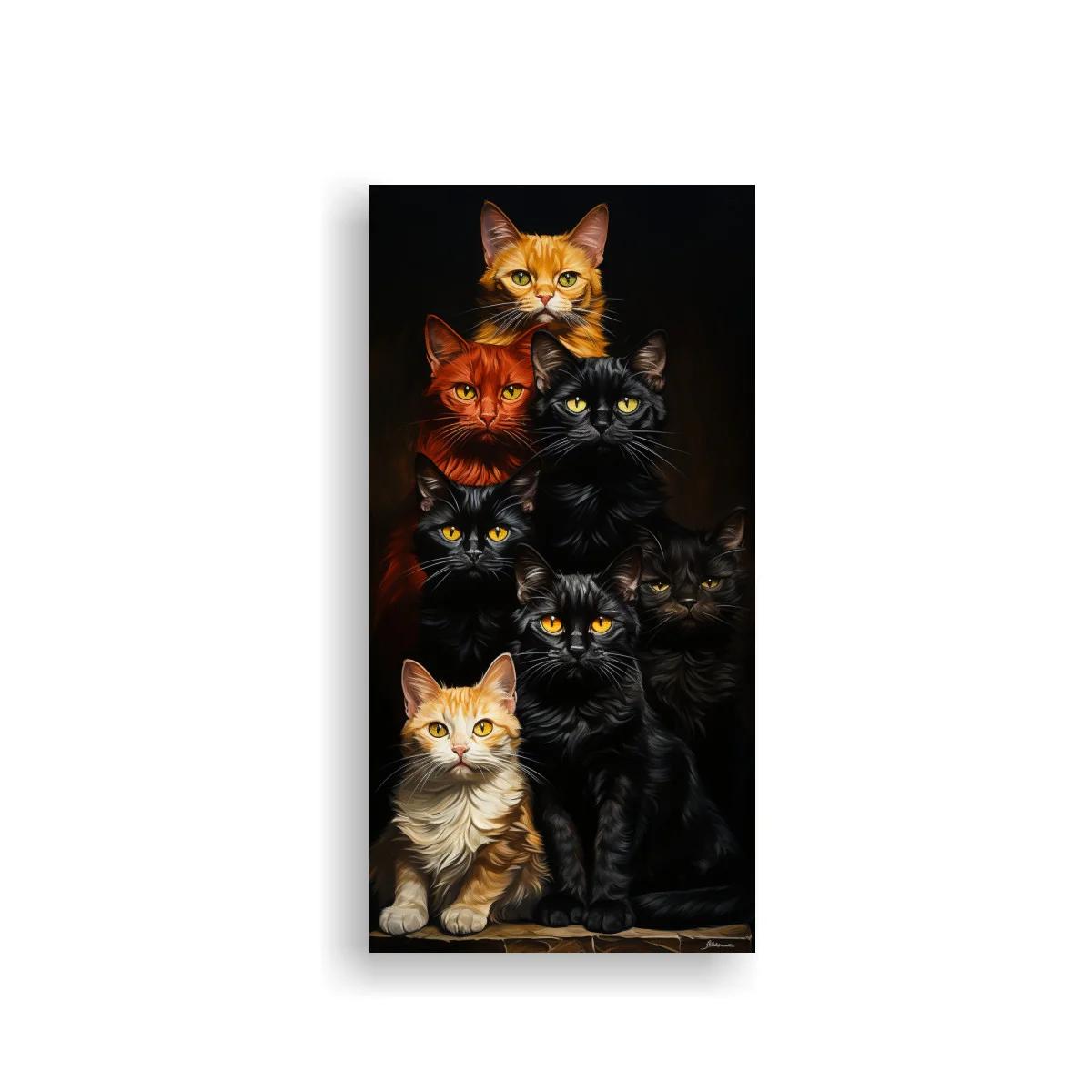 Cuadro grupo de gatos apilados con ojos luminosos