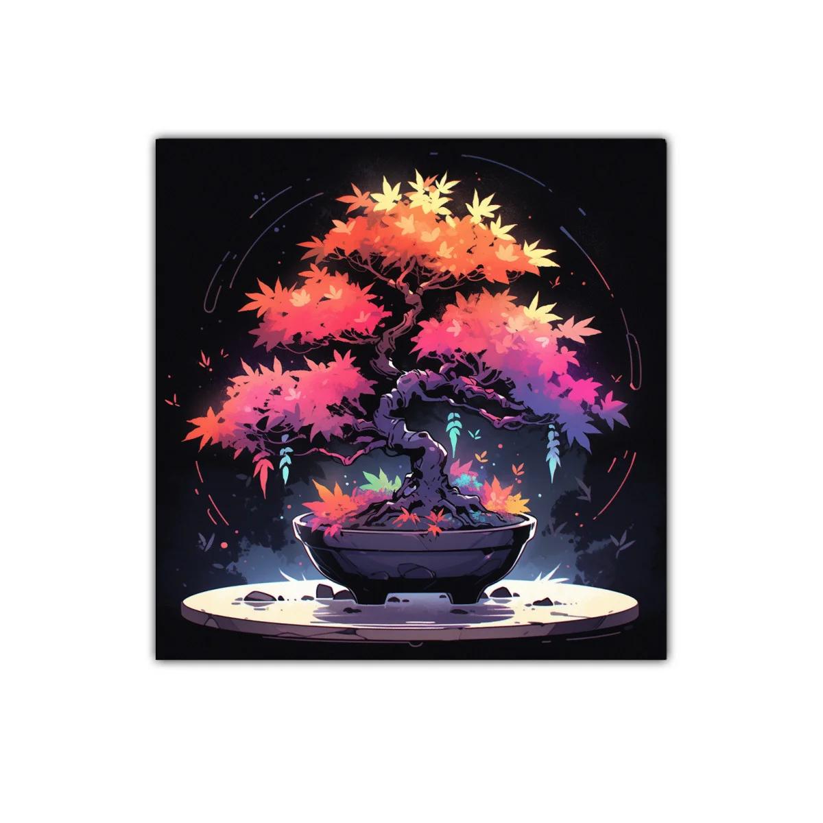 Cuadro moderno de bonsái con hoja en tonos cálidos y vibrantes — imagen principal