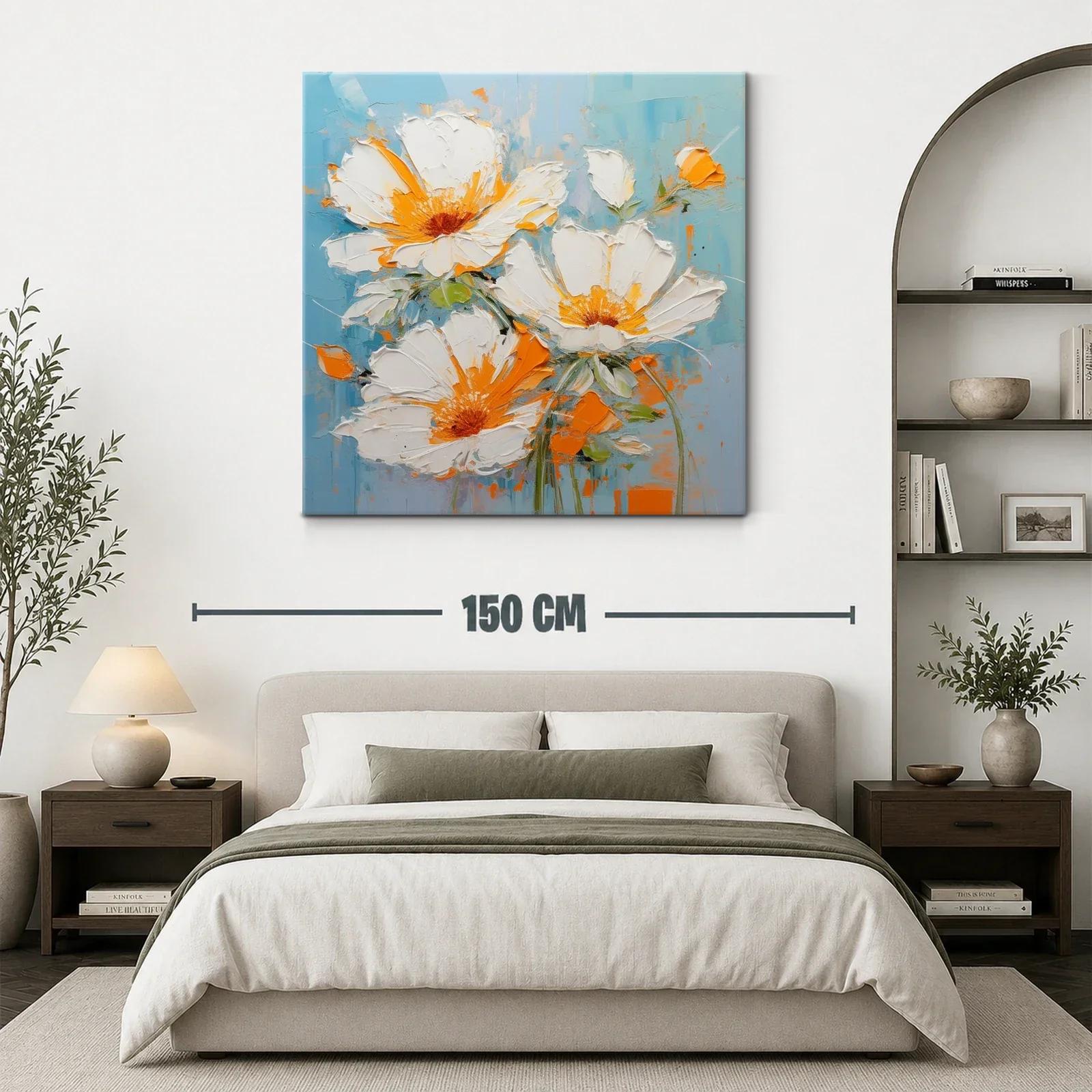 Cuadro con flores blancas y detalles naranjas sobre fondo azul — miniatura 3