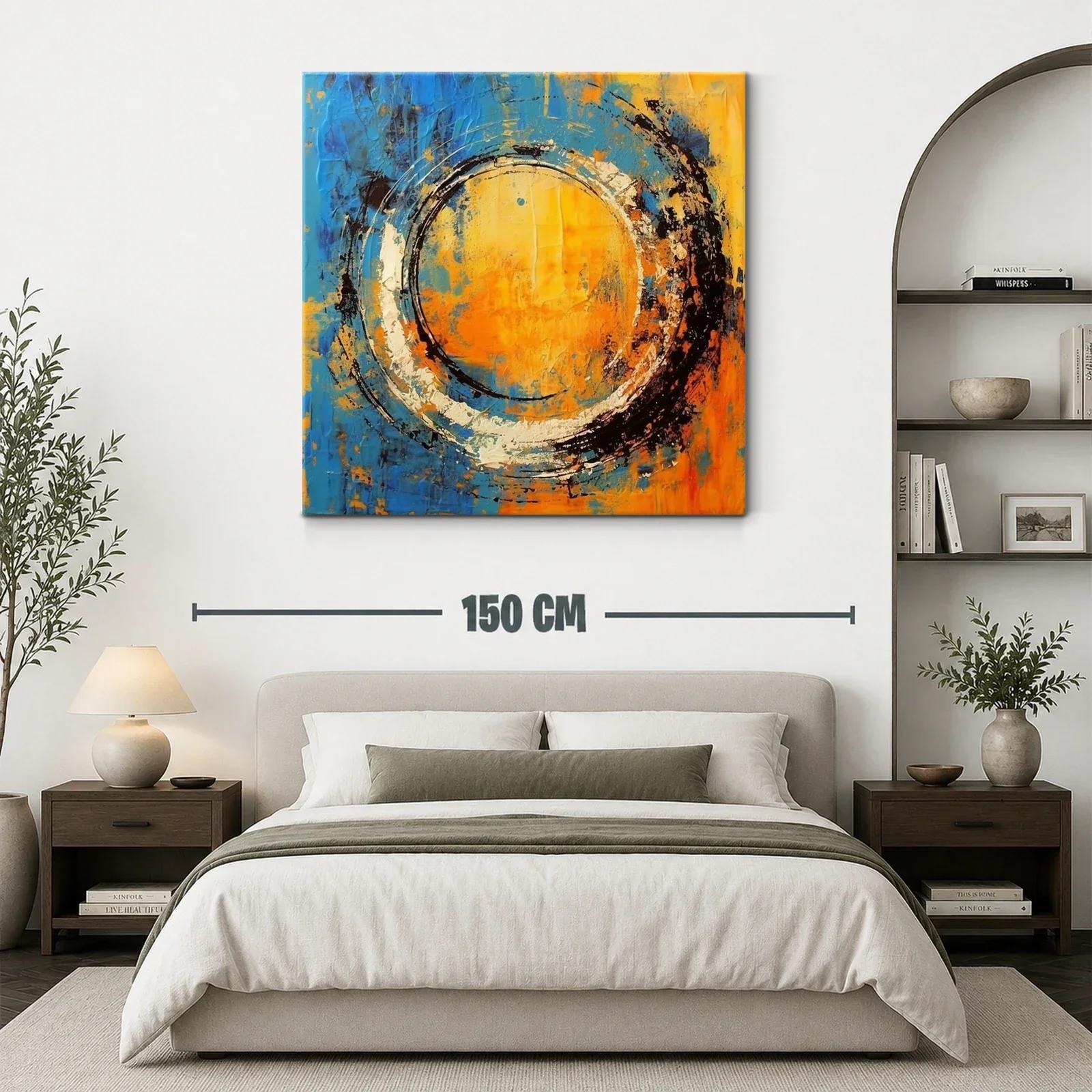 Cuadro abstracto con círculo dinámico en tonos cálidos y fríos — miniatura 3