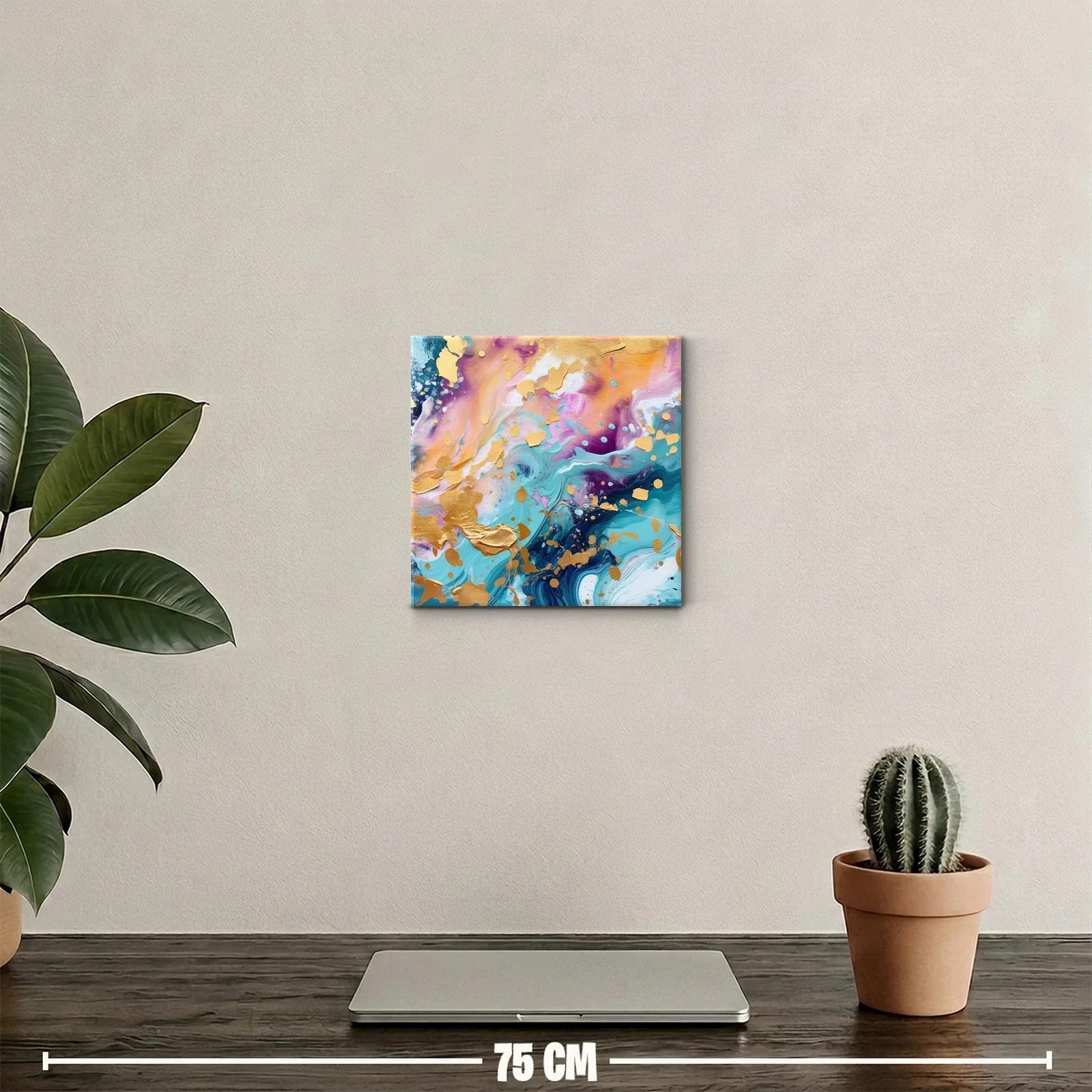 Cuadro abstracto con tonos dorados y vibrantes azules — miniatura 2