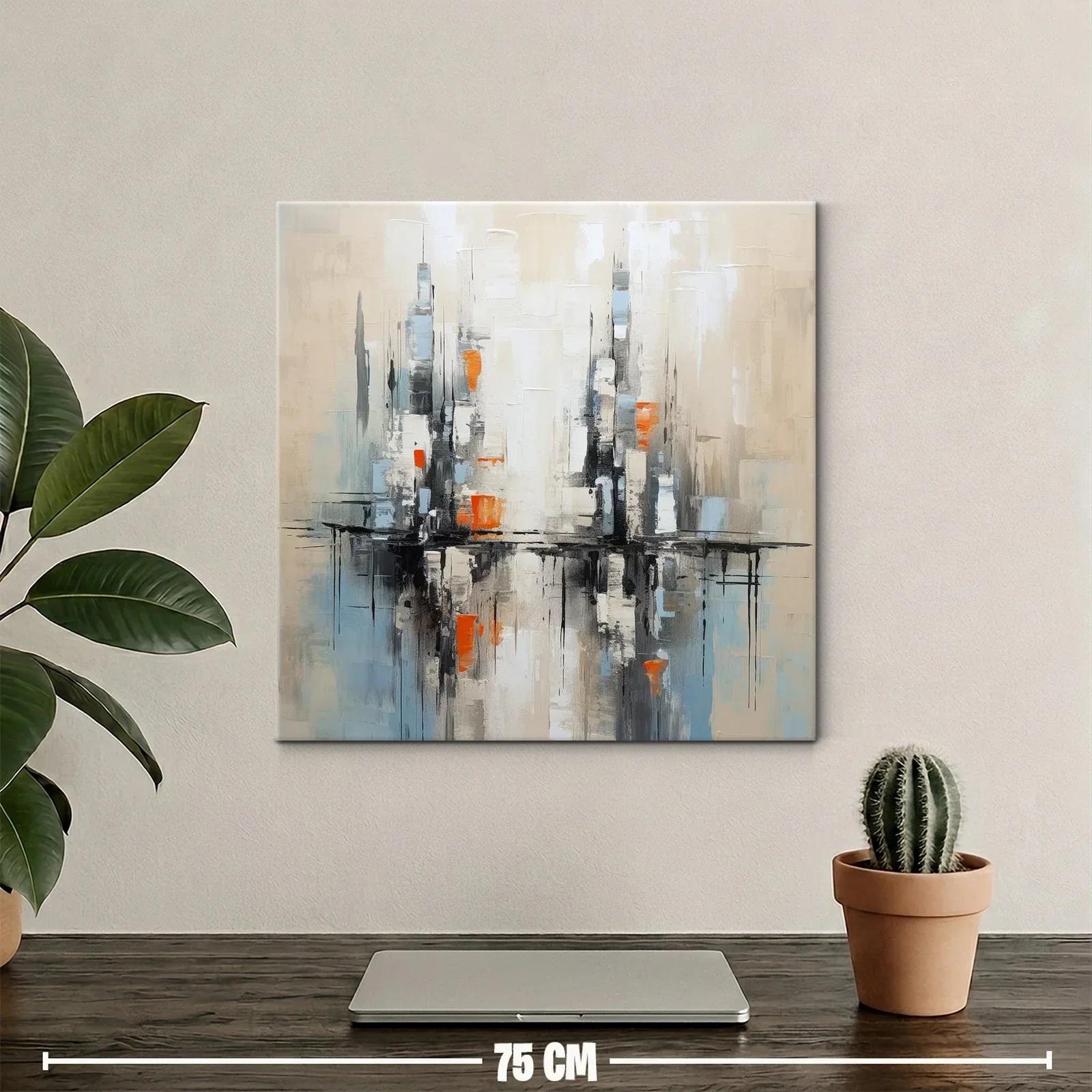 Cuadro abstracto con reflejos urbanos en tonos neutros y naranjas — miniatura 2